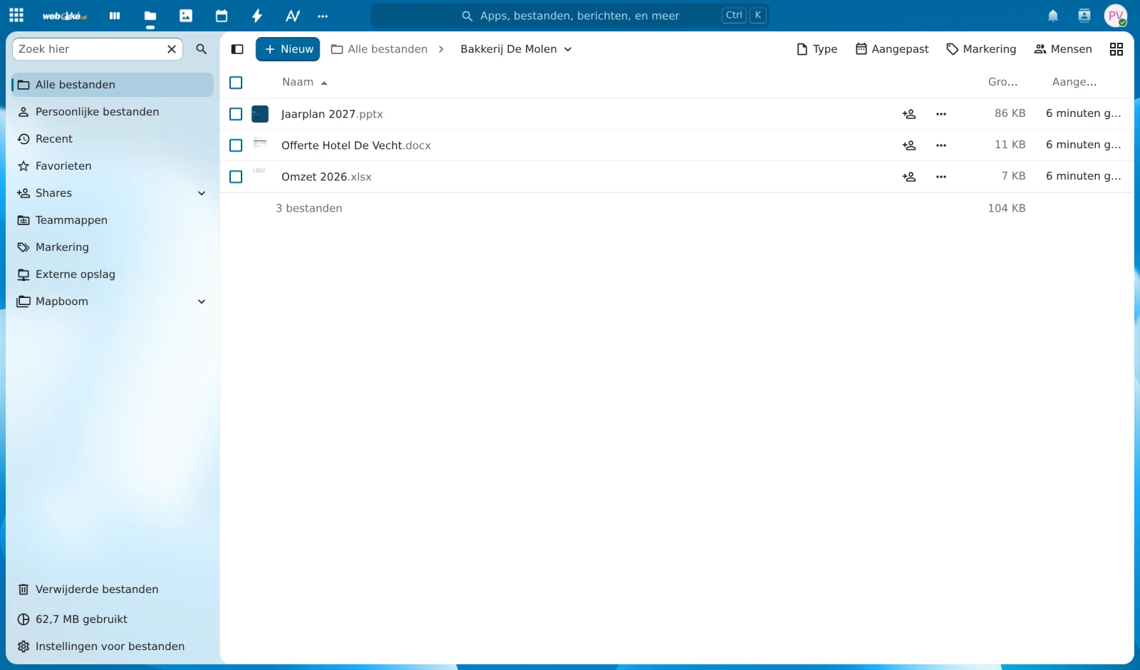 Bestanden in Nextcloud; een klik op een document opent het in Euro-Office