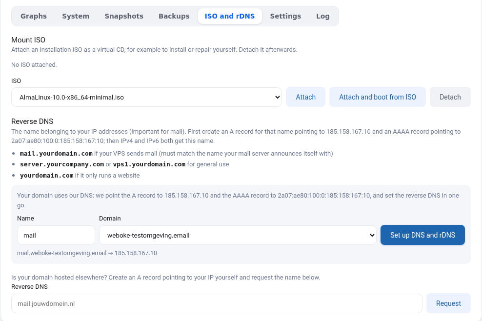 The ISO and rDNS tab with the Reverse DNS block